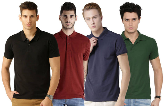 Men's Multicoloured Cotton Blend Solid Polos T-Shirt (Pack Of 4)